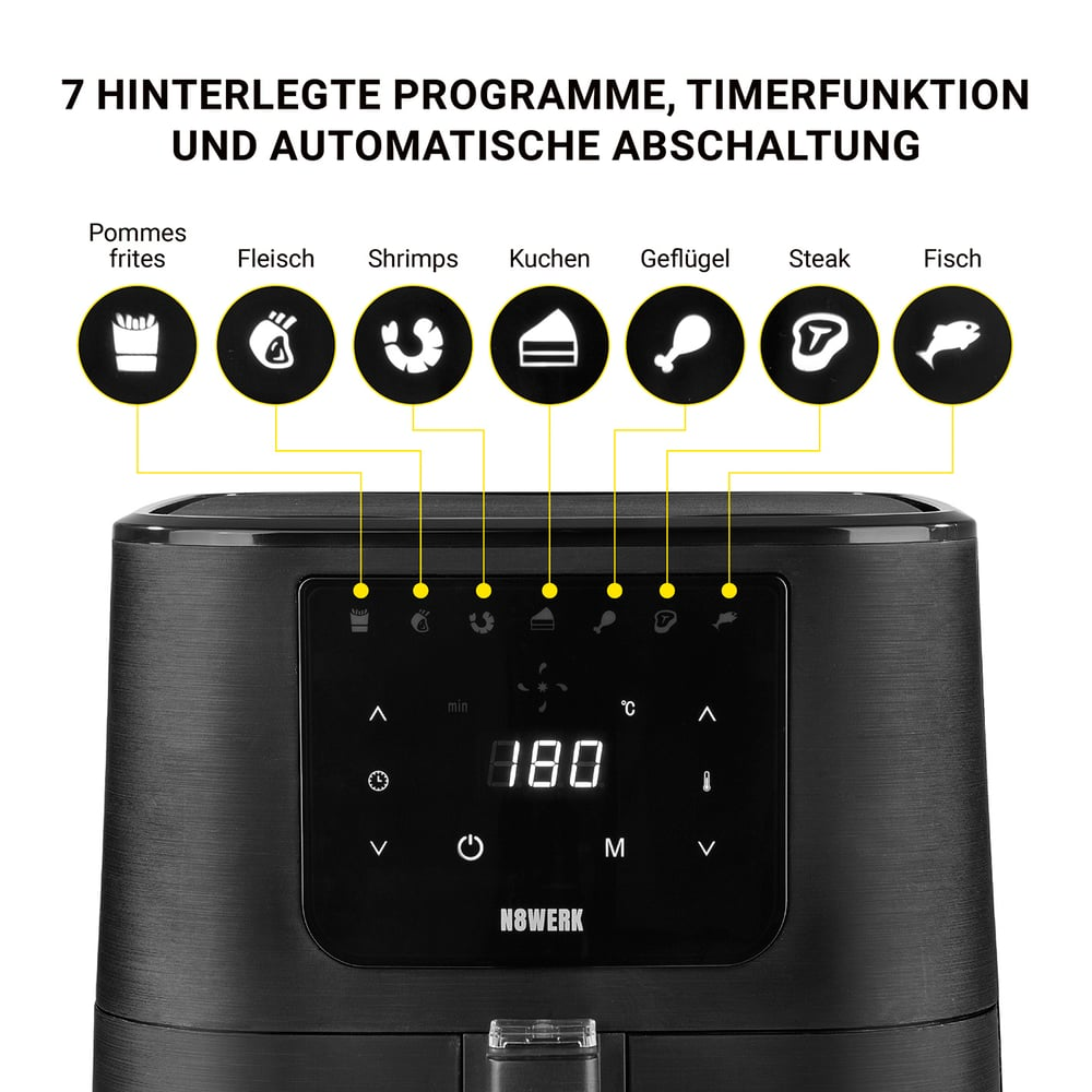 Schwarze Heißluftfritteuse mit Digitalanzeige. Zeigt Essenssymbole und Temperatur an. Text: '7 Programme, Timerfunktion, automatische Abschaltung'.