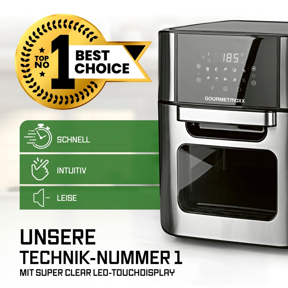 Eine Heißluftfritteuse mit Digitalanzeige. Sie hat ein 'Best Choice'-Abzeichen und Text über ihre Funktionen: schnell, intuitiv und leise.