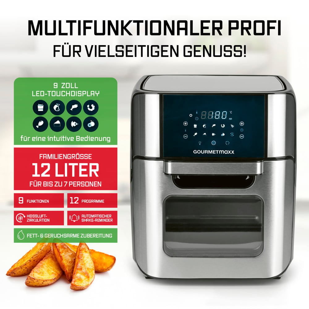 Eine Heißluftfritteuse mit Digitalanzeige. Sie hat ein rotes und grünes Etikett mit Text und Bildern. Darunter sind Bratkartoffelspalten abgebildet.