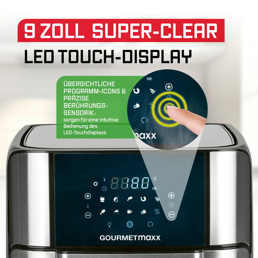 Ein Heißluftfritteuse mit Digitalanzeige. Ein Finger berührt den Touchscreen, der Symbole zeigt. Text auf Deutsch ist sichtbar.