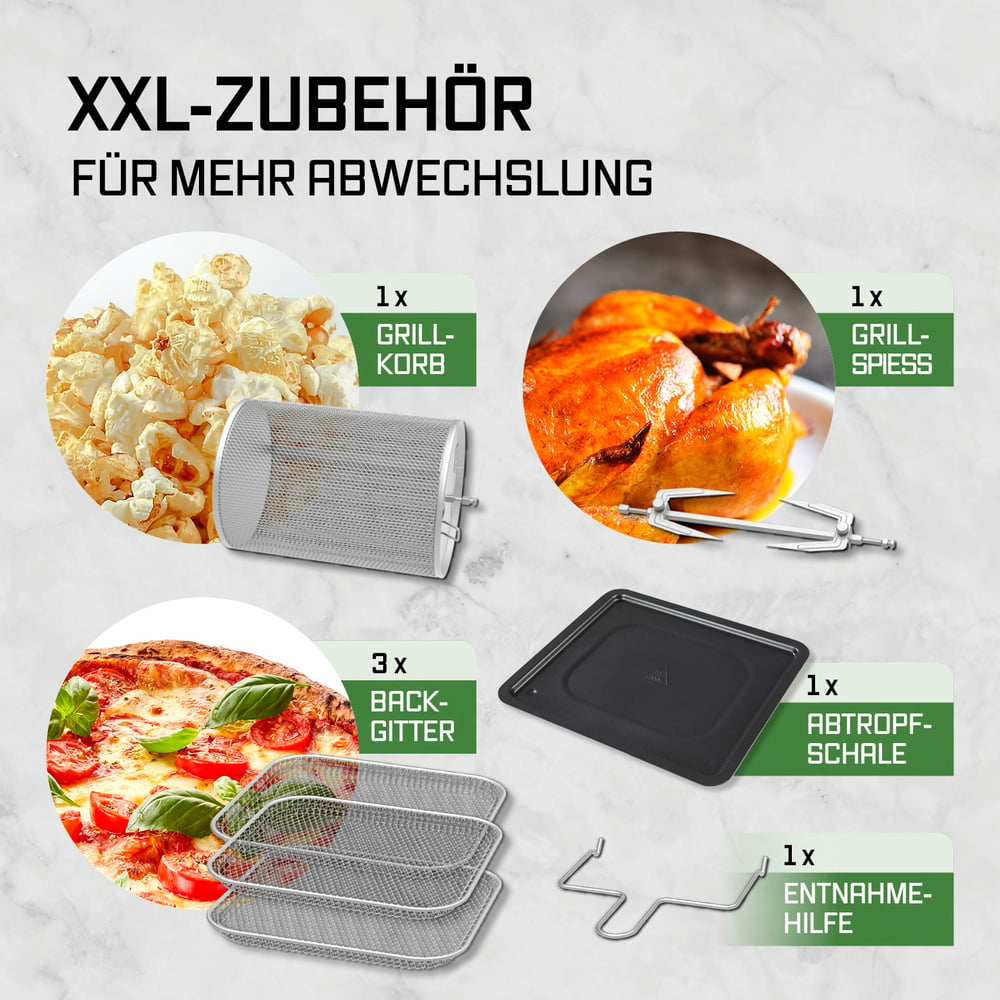 Das Bild zeigt Zubehör für die Heißluftfritteuse: Grillkorb mit Popcorn, Grillspieß mit Brathähnchen, Pizza, Tropfschale und Entnahmehilfe.