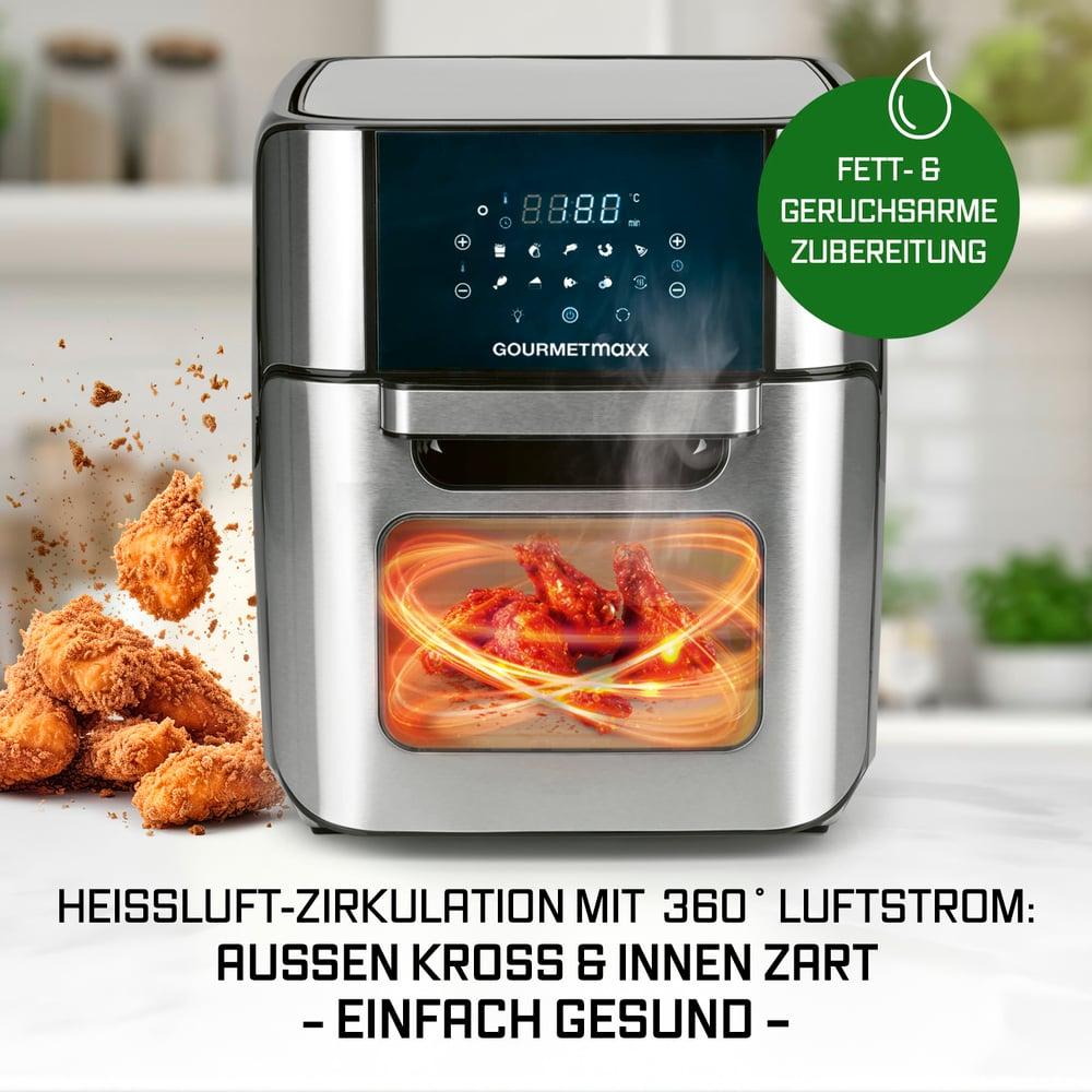 Ein Airfryer zeigt Hähnchen beim Kochen. Text: '360° Luftzirkulation'. Enthält 'fettarm' und 'gesund'.