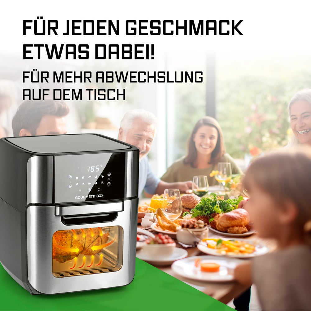 Ein Heißluftfritteuse steht im Mittelpunkt, während eine Familie im Hintergrund ein Essen genießt. Die Fritteuse zeigt 185 Grad an. Die Szene deutet auf ein Familienessen hin.