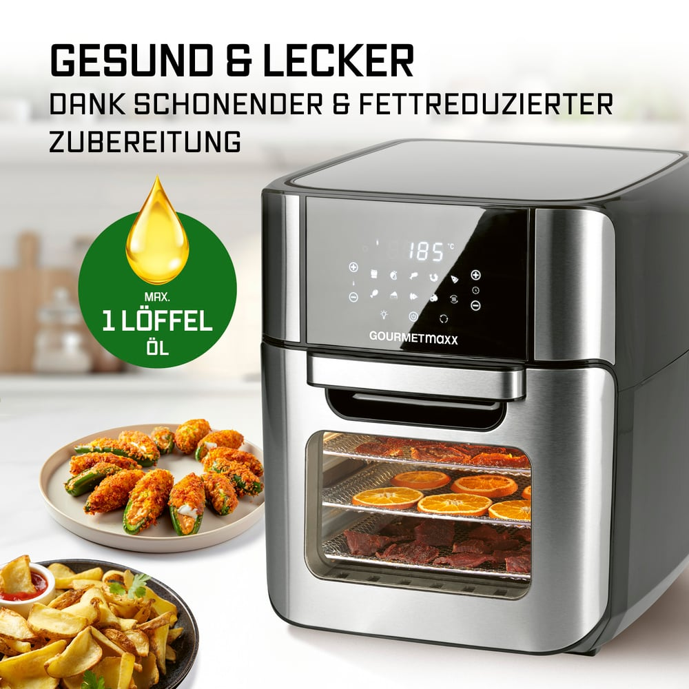 Ein Heißluftfritteuse mit zubereiteten Speisen, Öltropfen-Grafik und Text. Enthält Pommes und eine Digitalanzeige mit 185 Grad.