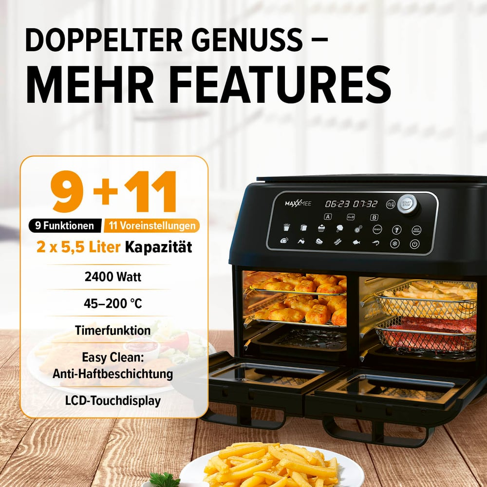 Schwarze Heißluftfritteuse mit Essen, offen. Text zeigt Eigenschaften. Pommes im Vordergrund.