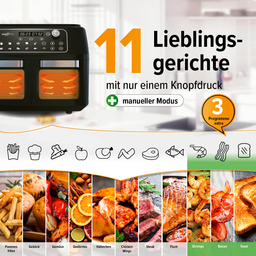 Eine Heißluftfritteuse mit Essensoptionen. Zeigt 11 Lieblingsgerichte mit manuellem Modus und 3 zusätzlichen Programmen.