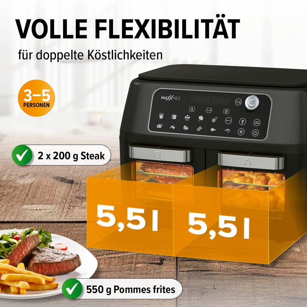 Eine Heißluftfritteuse mit Essen, Steak und Pommes auf einem Teller. Text: Volle Flexibilität, 2x200g Steak, 550g Pommes frites.