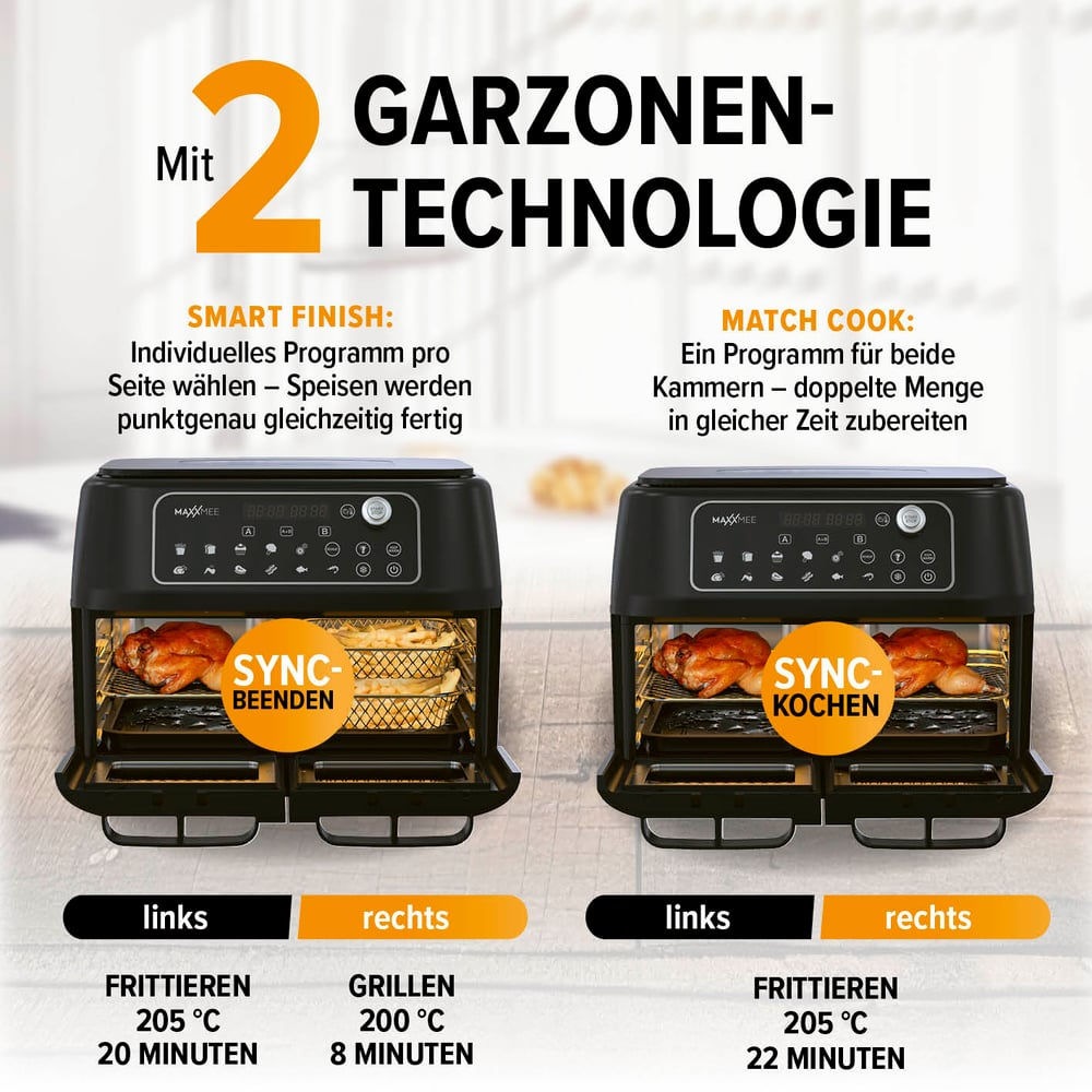 Zwei Fritteusen mit Essen, Einstellungen und Garzeiten. Text: 'Garzonen-Technologie' und Kochmodi.