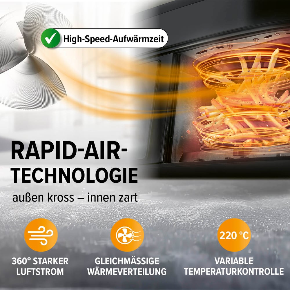 Ein Ofen mit Pommes Frites im Inneren wird gezeigt. Text erwähnt Rapid-Air-Technologie, 360°-Luftstrom und 220°C Temperaturregelung.