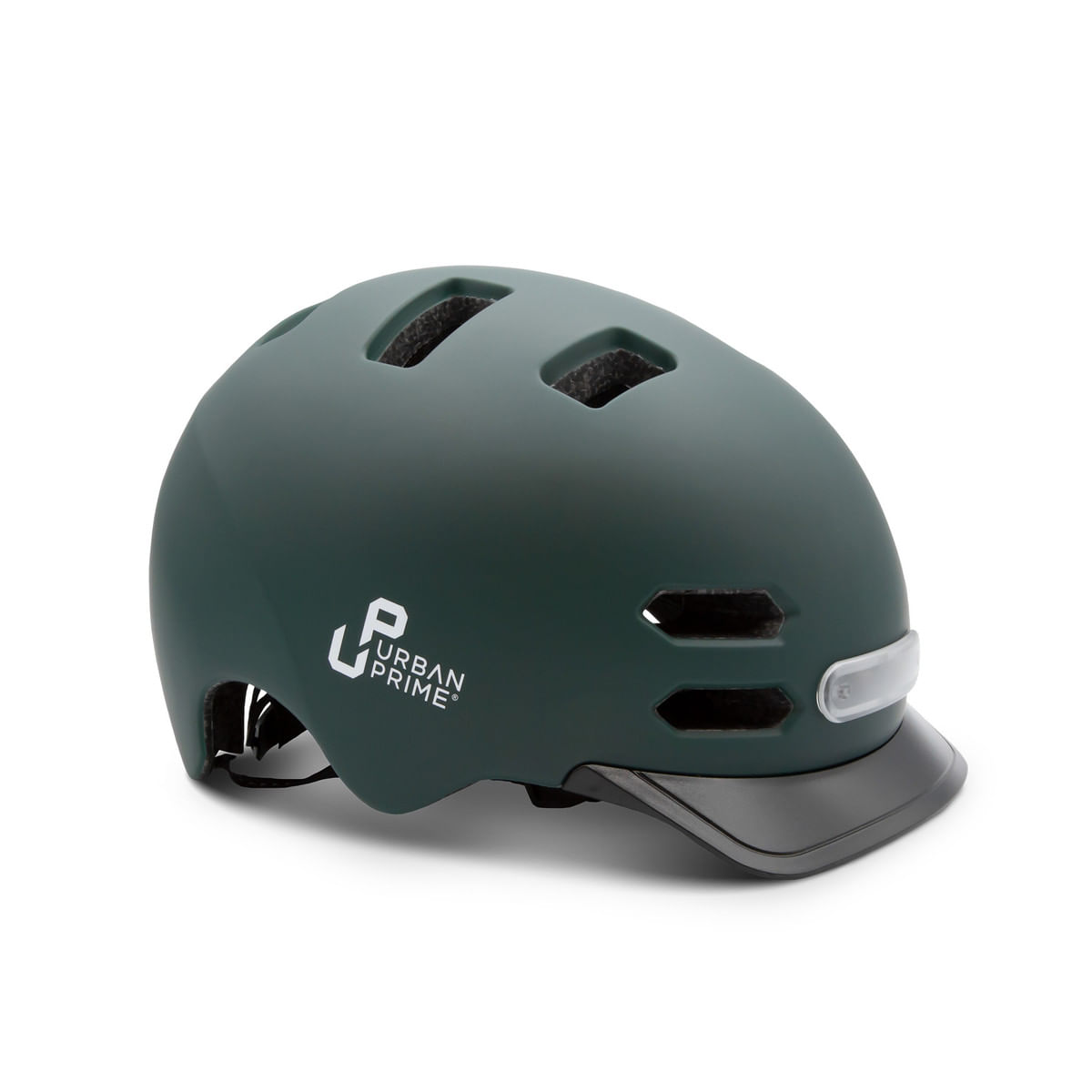Een donkergroene Urban Prime fietshelm. Hij heeft een vizier en ventilatieopeningen. De helm staat op een witte achtergrond.