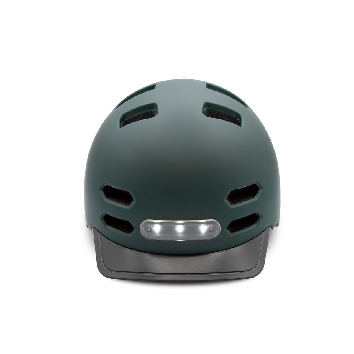 Een donkergroene fietshelm met vizier en voorlicht. Hij heeft ventilatiegaten en staat op een witte achtergrond.