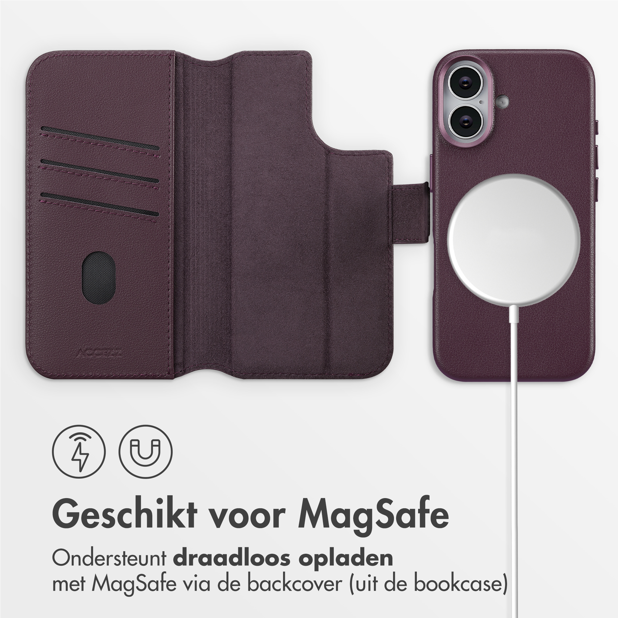 Étui de téléphone et portefeuille bordeaux, tous deux ouverts. Un chargeur MagSafe blanc est connecté.