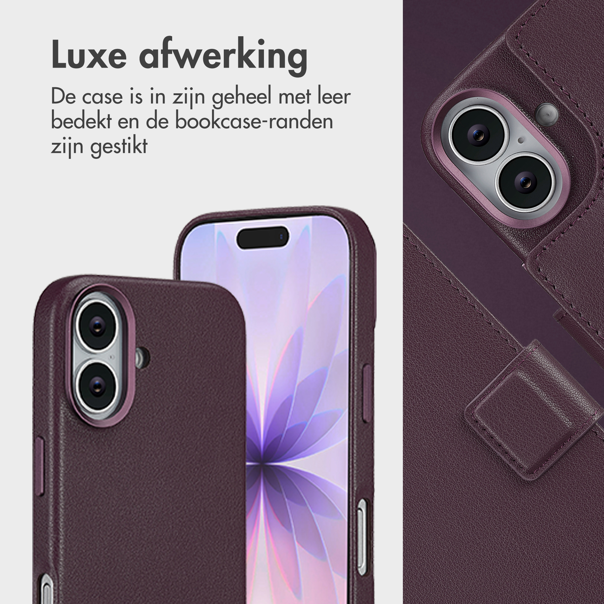 Gros plan d'un étui de téléphone. L'étui est bordeaux, en cuir, avec des coutures et un téléphone à l'intérieur.