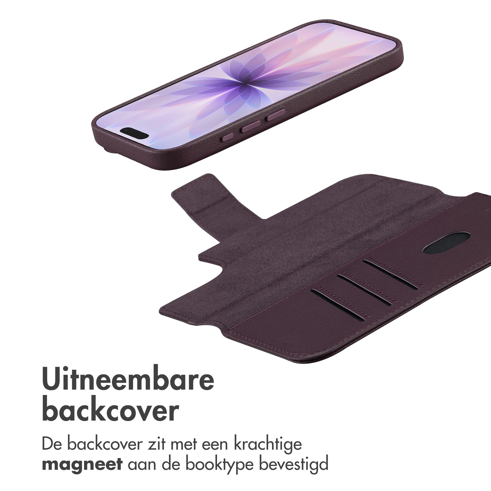 Étui de téléphone ouvert avec emplacements pour cartes et smartphone. Le téléphone est au-dessus, écran vers le haut.