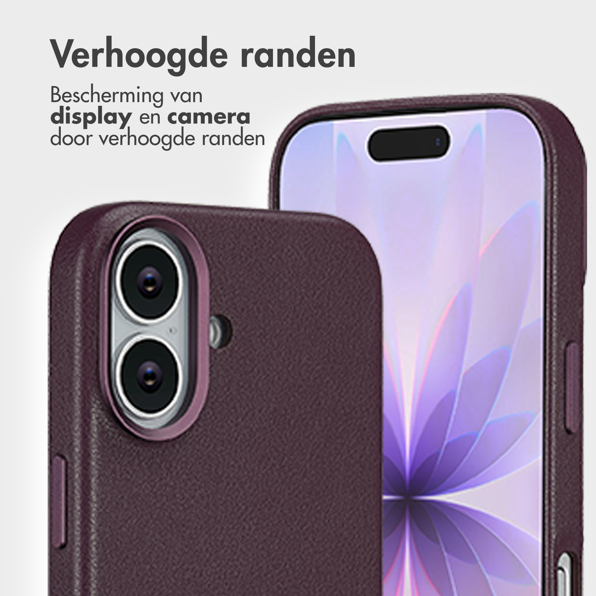 Gros plan sur un étui de téléphone. L'étui est bordeaux avec des bords surélevés pour la protection de l'écran et de l'appareil photo.