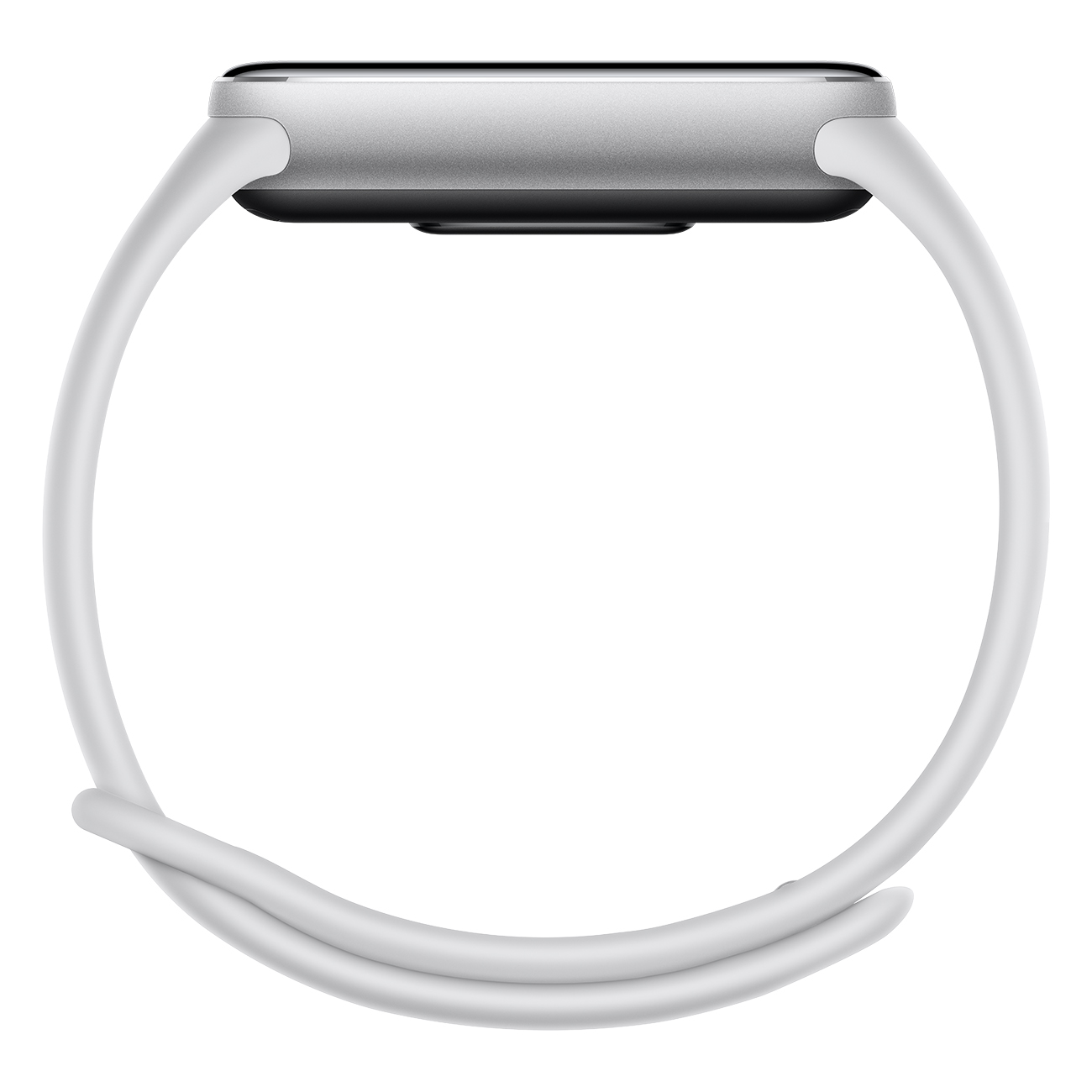 Een close-up van een smartwatch met een zilveren behuizing en witte band. De band is omgekruld, met de wijzerplaat in het midden.