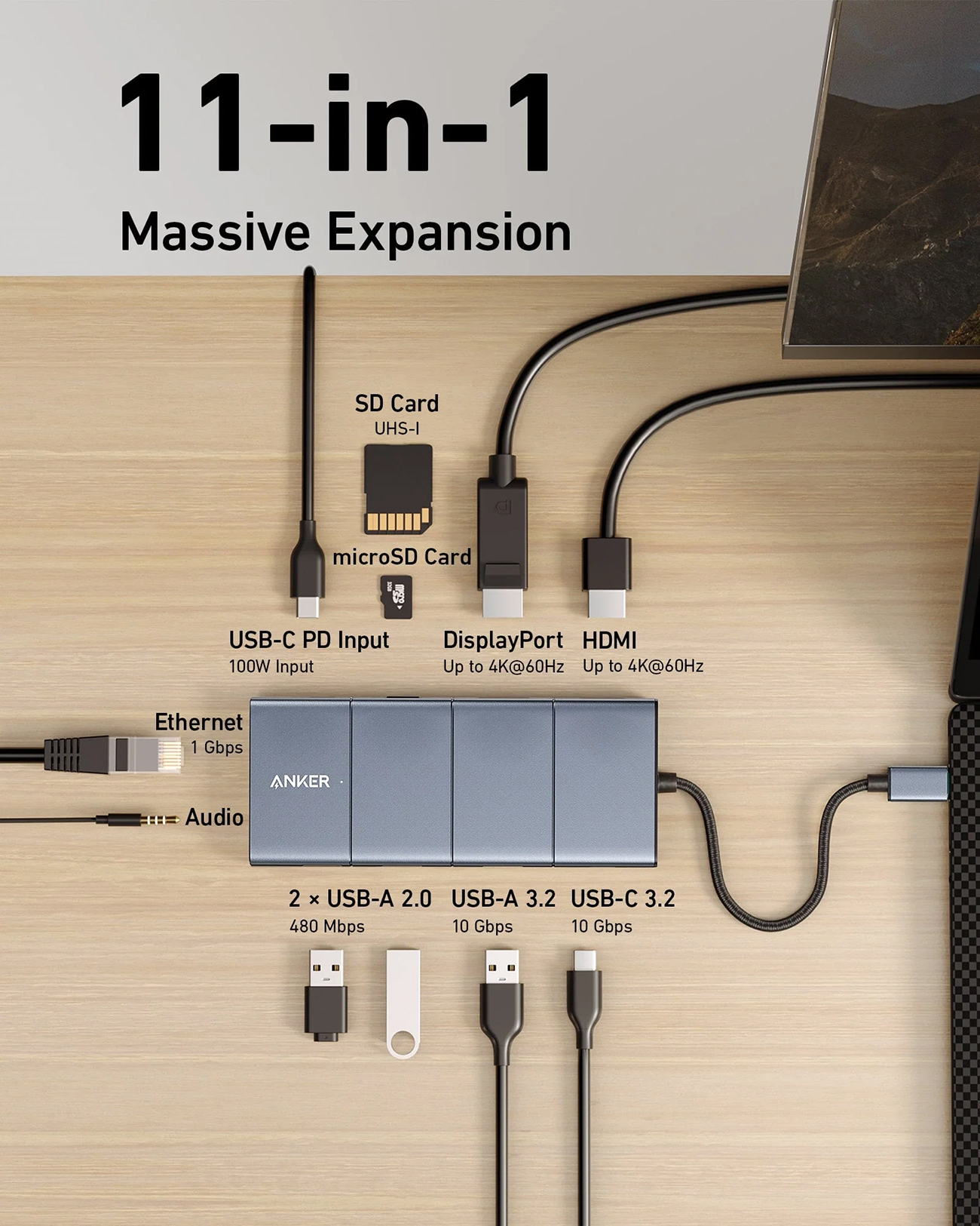Hub Anker 11-in-1 con scheda SD, microSD, USB-C, DisplayPort, HDMI, Ethernet, audio e porte USB. Hub grigio su una superficie di legno.