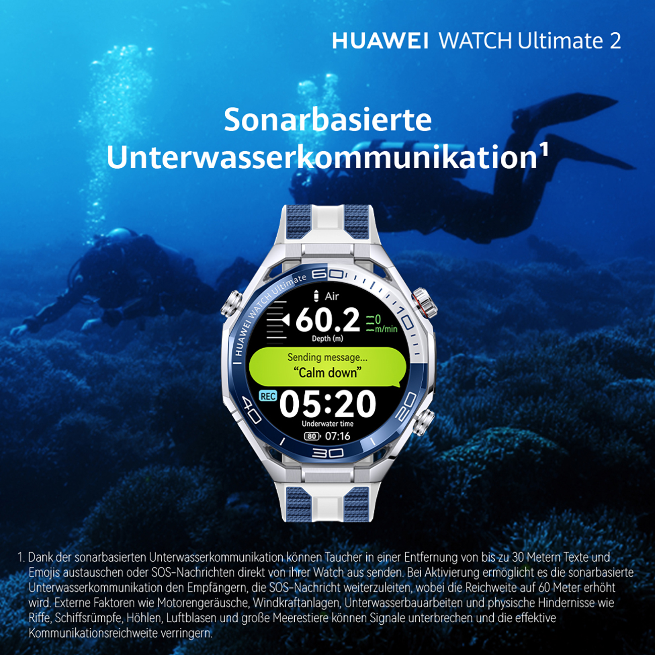 Zegarek nurkowy wyświetla głębokość i czas pod wodą, z wiadomością 'Uspokój się'. W tle są nurkowie.