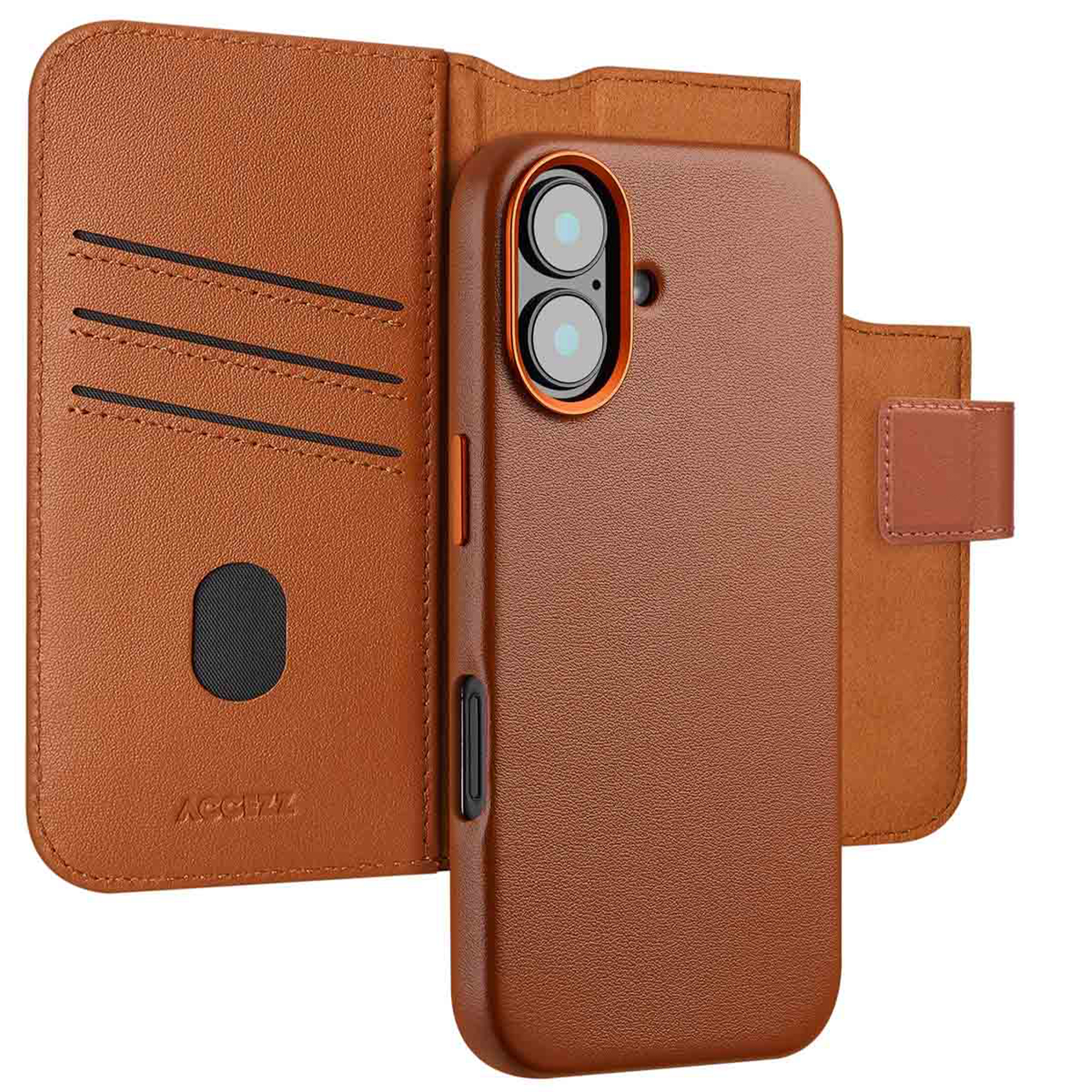 Étui de téléphone en cuir marron. Comprend des fentes pour cartes, un support de téléphone et une fermeture magnétique.