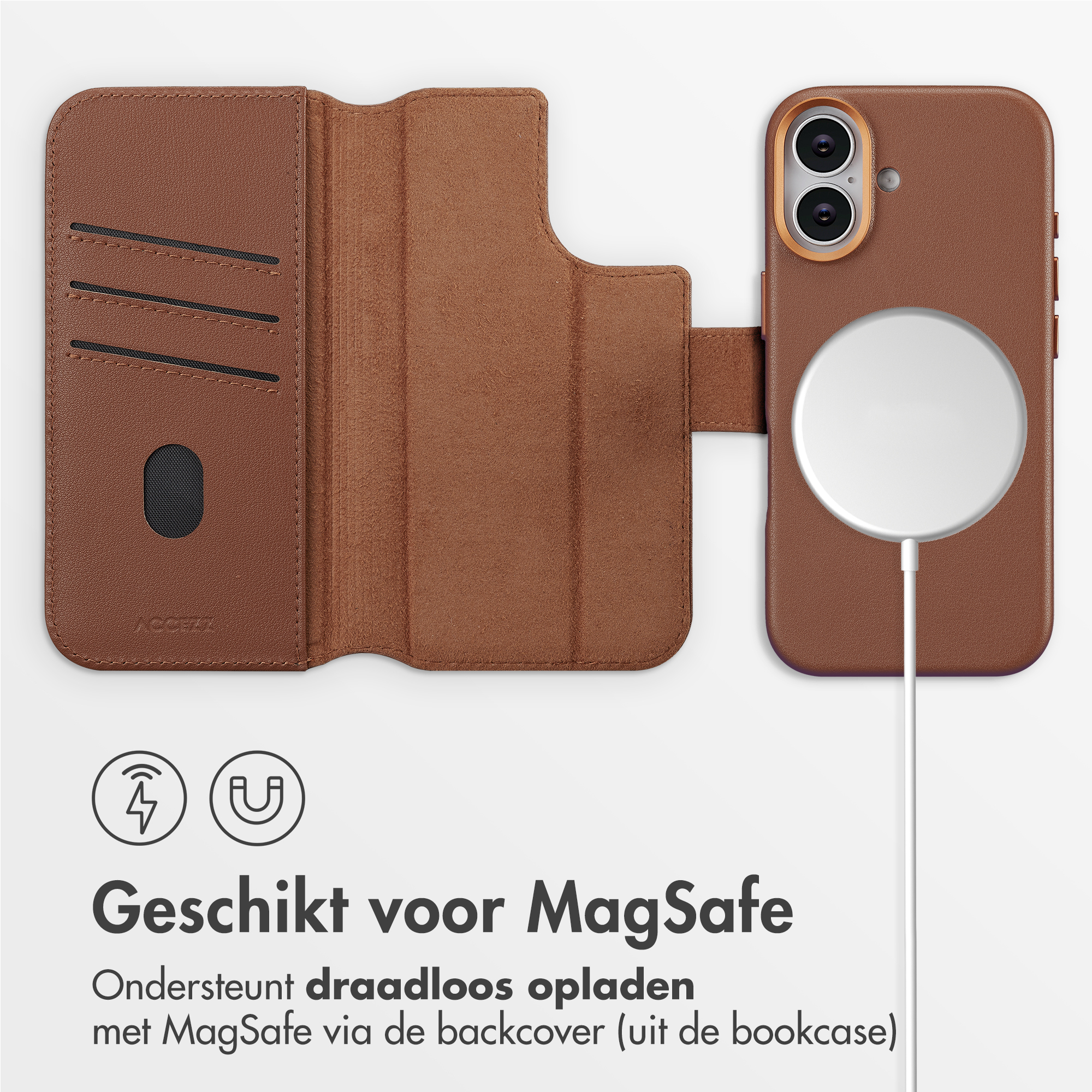Étui de téléphone marron avec section portefeuille ouverte. Un téléphone avec chargeur MagSafe est à droite.