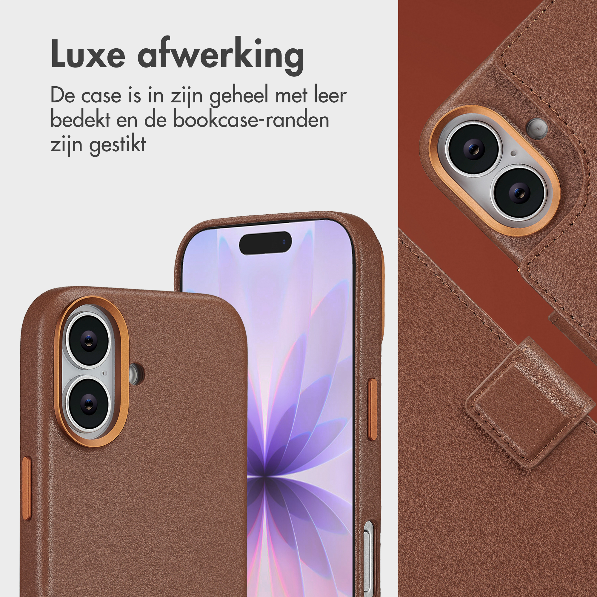 Étuis de téléphone en cuir marron, un ouvert, un fermé. L'étui ouvert montre un téléphone avec des caméras. Texte : Luxe afwerking (Finition luxe).
