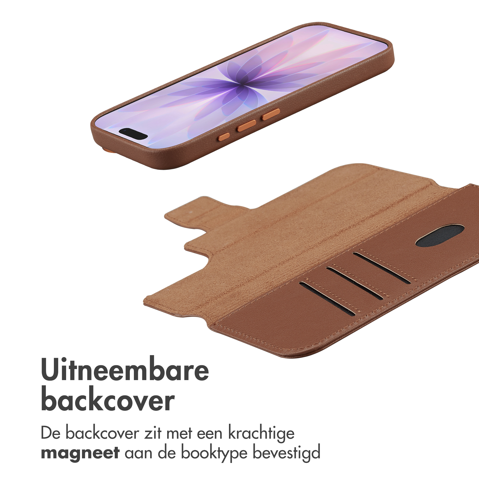 Étui de téléphone marron avec un téléphone dessus. L'étui est ouvert, montrant l'intérieur. Texte : UItneembare backcover.