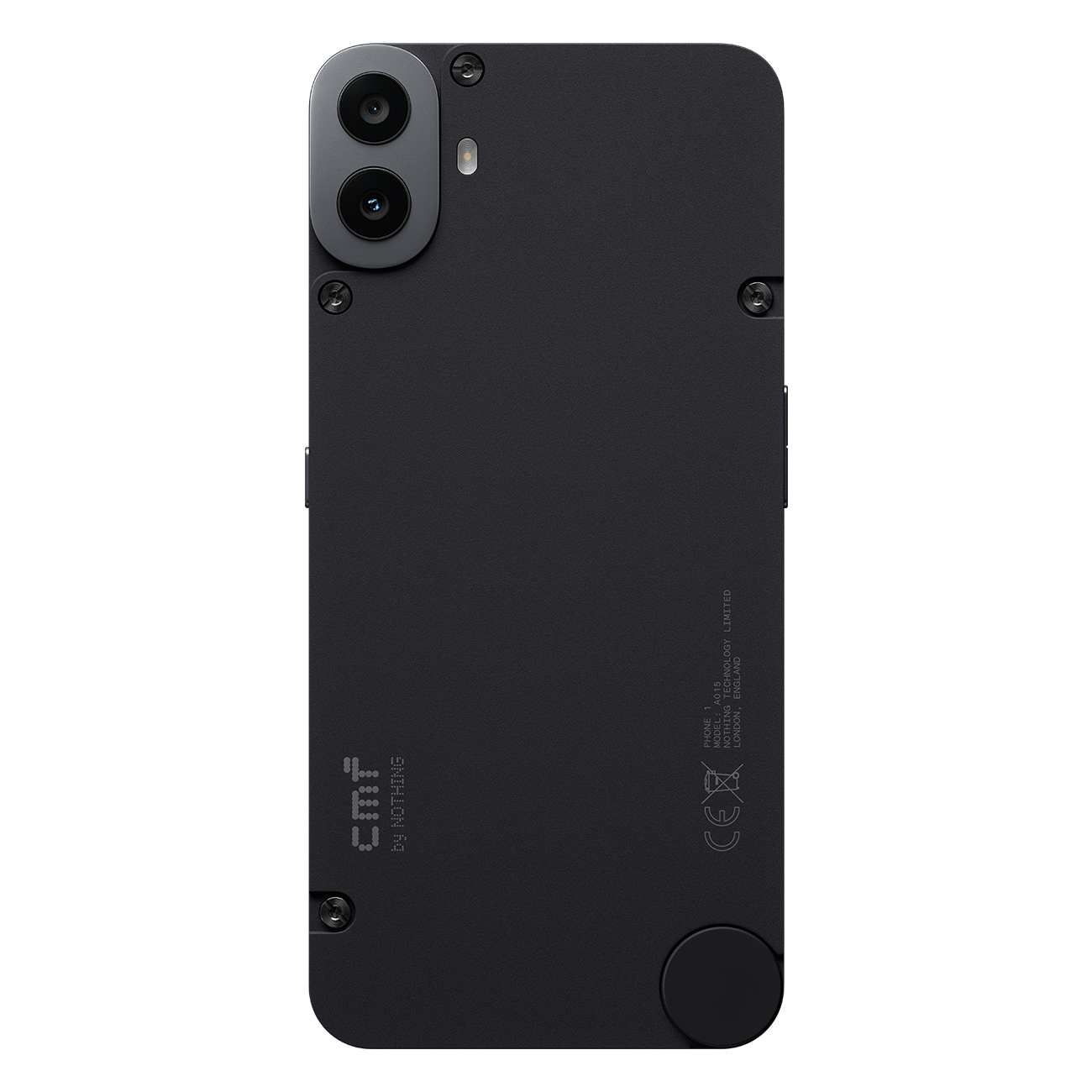 Schwarze Smartphone-Rückseite mit Dual-Kamera, Schrauben und dem CMF by Nothing Logo. Das Telefon hat eine runde Taste.