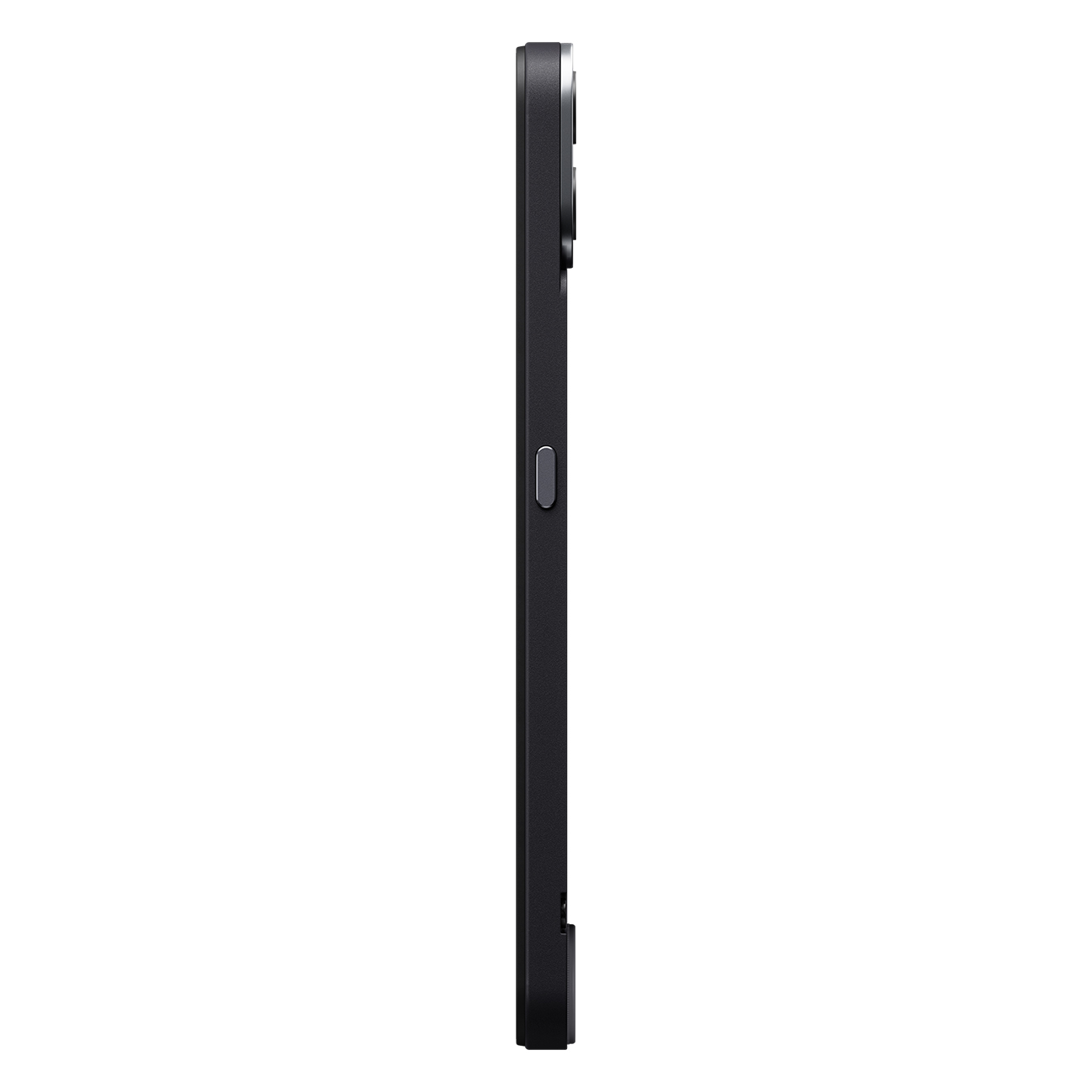 Seitenansicht eines schwarzen Smartphones. Der Rand des Telefons ist sichtbar, mit einer Taste und Kameralinsen. Weißer Hintergrund.