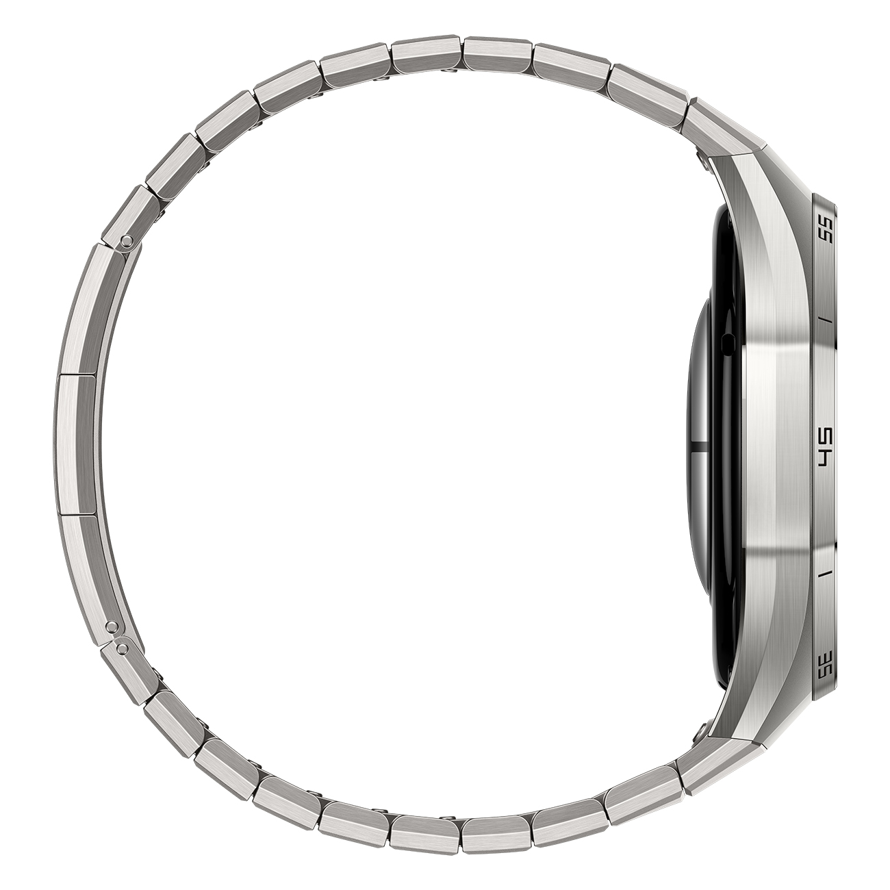 Widok z boku srebrnego smartwatcha z metalową bransoletą. Tarcza zegarka jest czarna ze srebrnymi oznaczeniami. Bransoleta jest zakrzywiona.