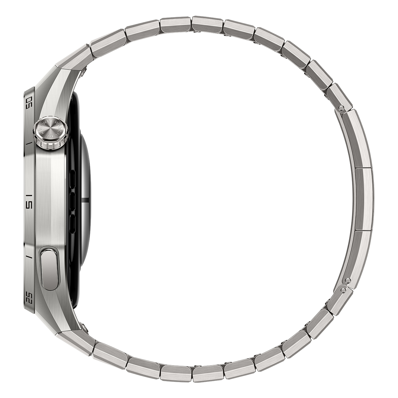 Widok z boku srebrnego smartwatcha z metalową bransoletą. Tarcza pokazuje liczby. Bransoleta jest połączona z zegarkiem.