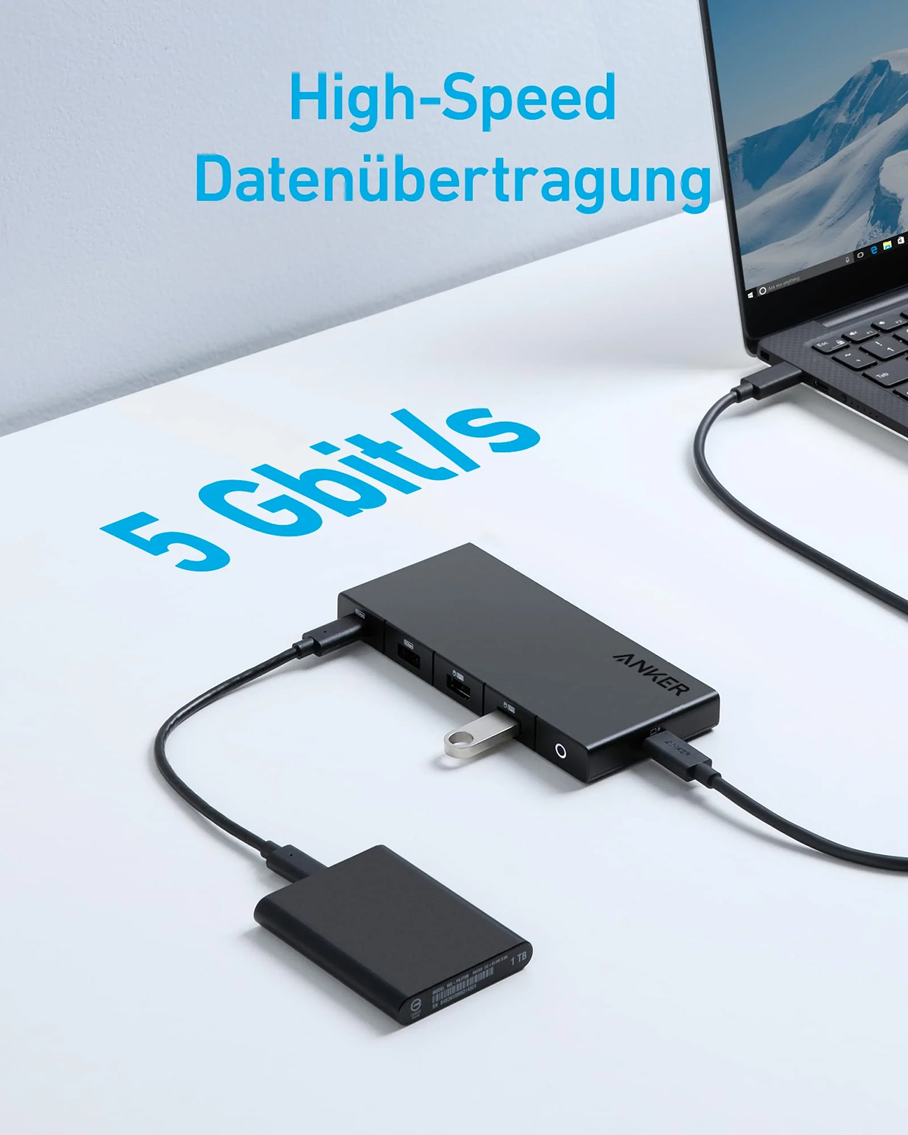 Un hub Anker nero collegato a un laptop e a un disco rigido esterno. Il testo dice 'High-Speed Datenübertragung' e '5 Gbit/s'.