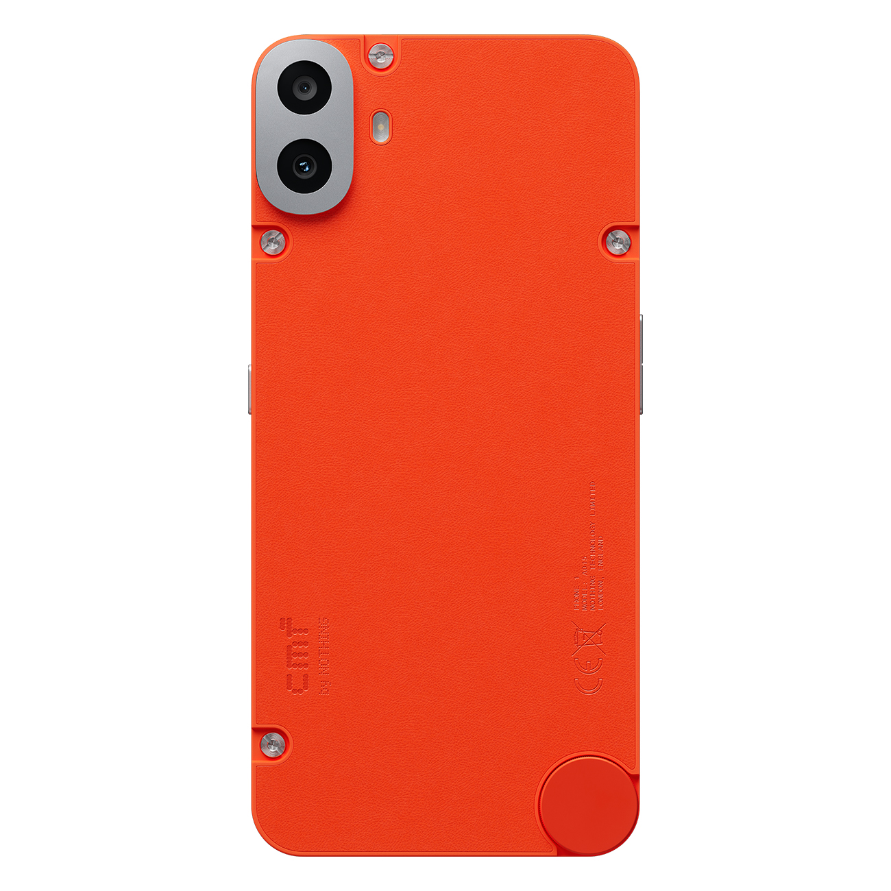 Eine orangefarbene Smartphone-Rückseite mit zwei Kameralinsen, silbernen Schrauben und einem roten kreisförmigen Knopf. Der Markenname ist sichtbar.