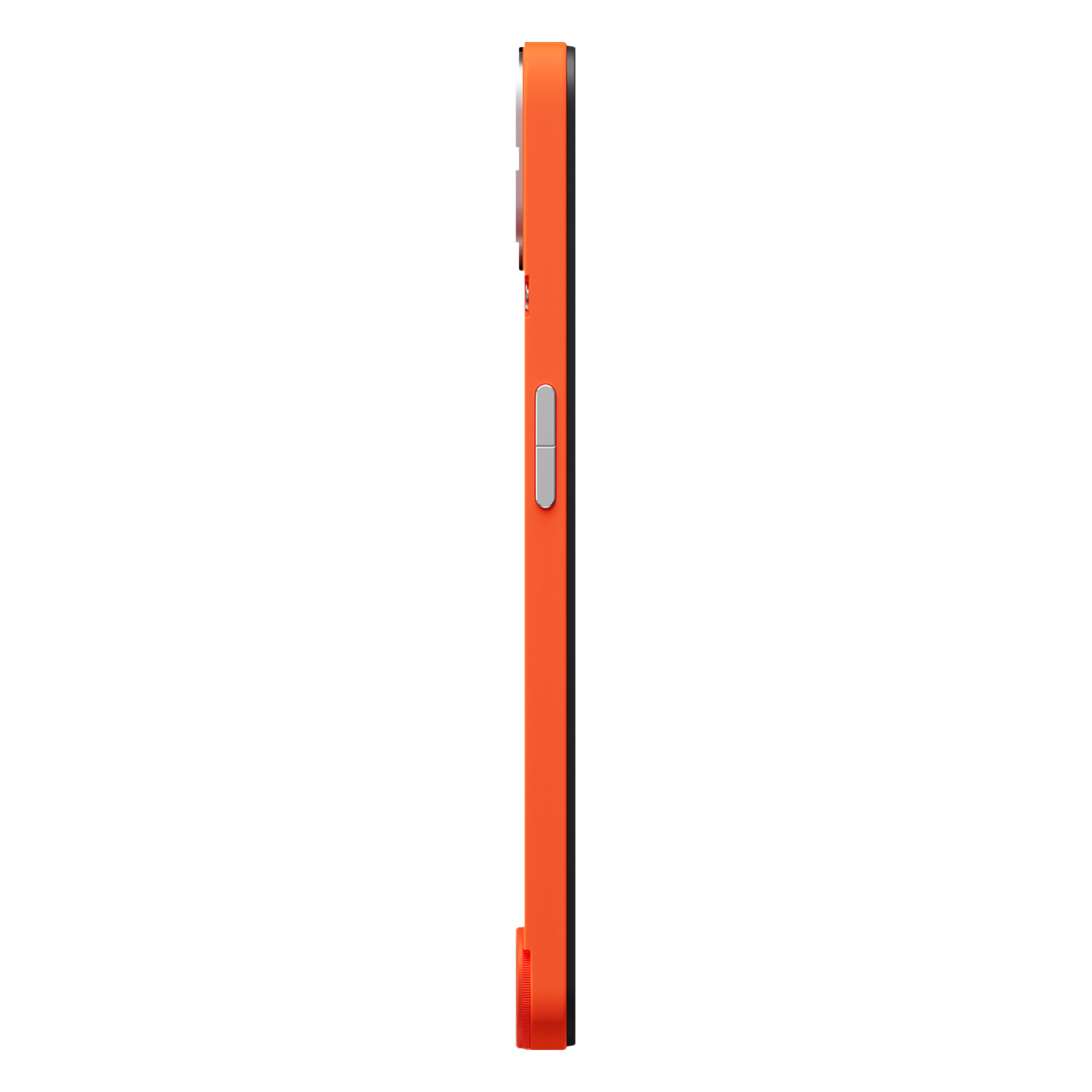 Seitenansicht einer orangefarbenen Handyhülle mit schwarzem Rand. Sie hat eine Lautstärketaste und einen Kameraausschnitt. Weißer Hintergrund.
