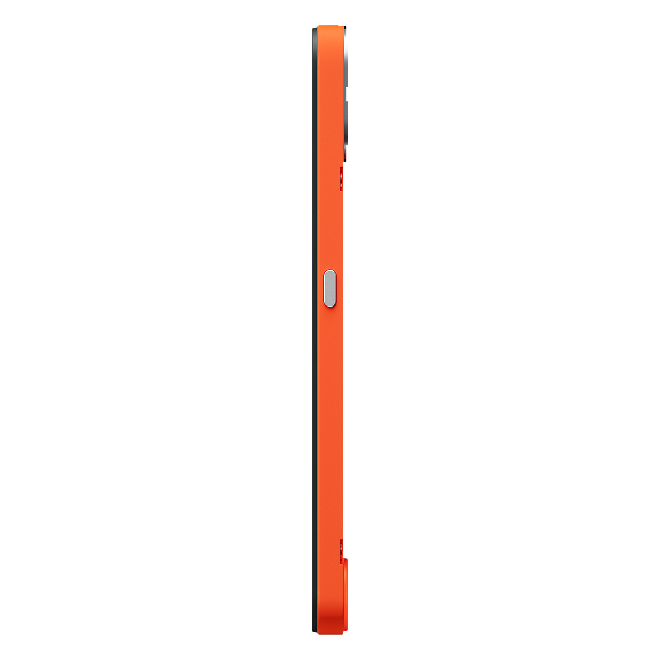 Seitenansicht eines orangefarbenen Smartphones. Das Telefon hat einen schwarzen Bildschirmrand, eine silberne Taste und ein schwarzes Kameramodul.
