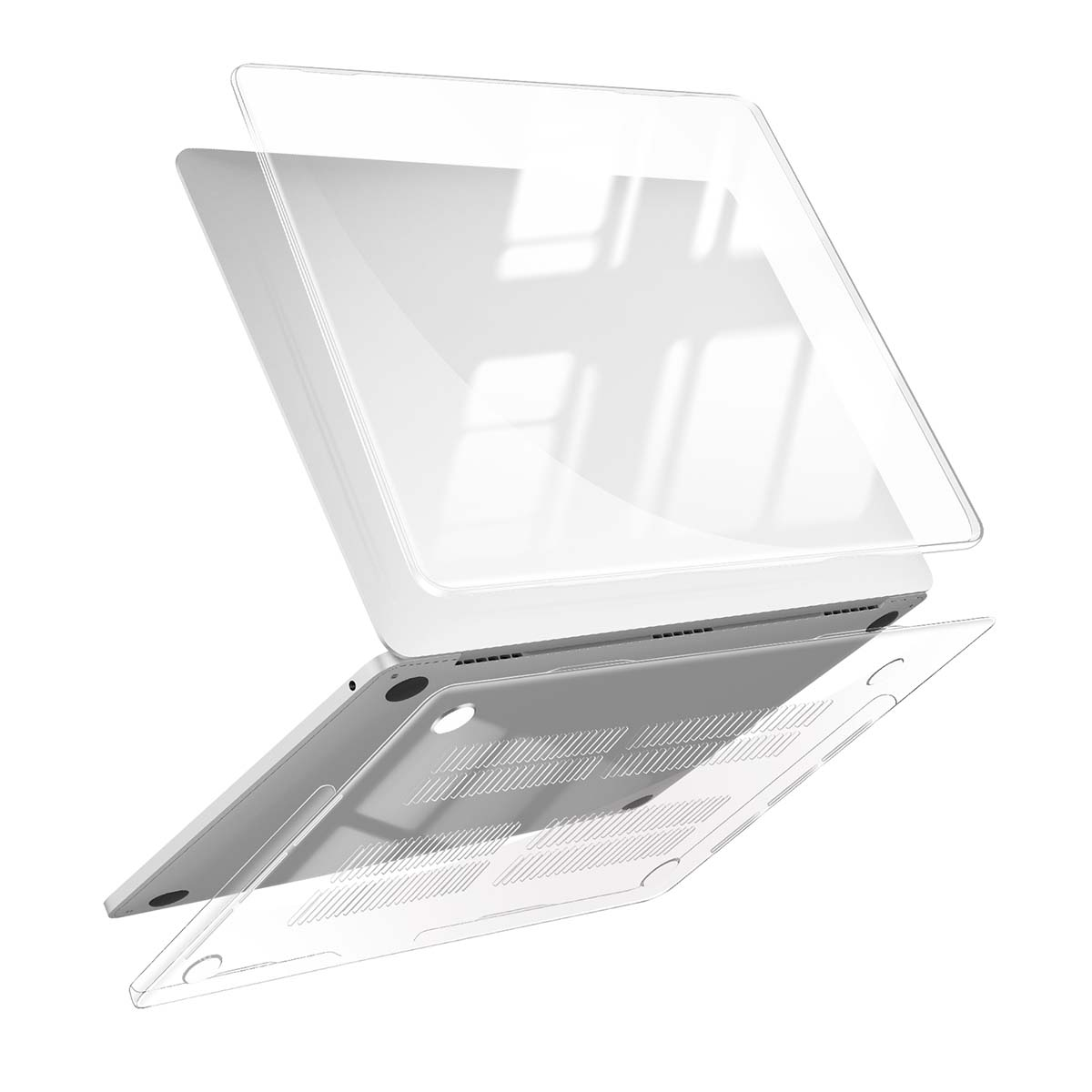 Ein Laptop mit klarer Schutzhülle. Die Hülle ist leicht angehoben, wodurch das Gehäuse und Design des Laptops sichtbar werden.