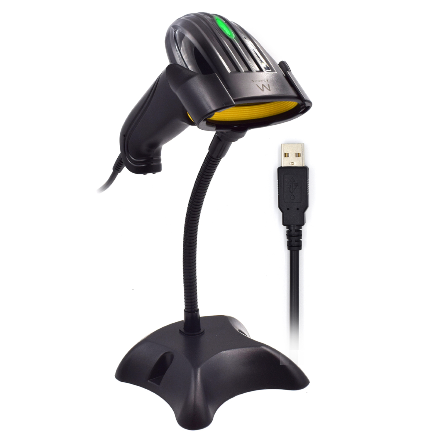 Uno scanner di codici a barre nero su un supporto, con un cavo USB. Lo scanner ha una base gialla e una luce verde.