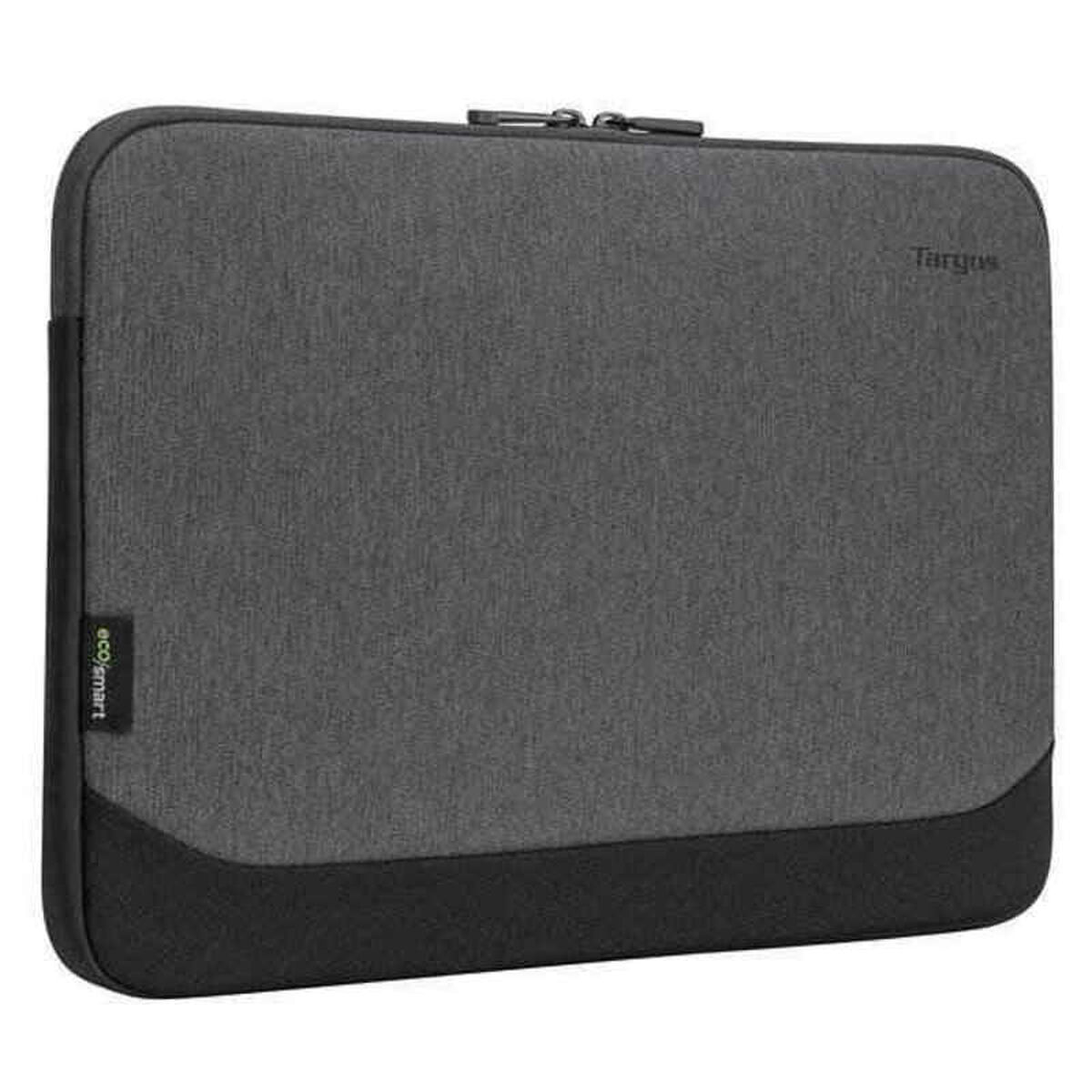 Una custodia grigia per laptop con sezione inferiore nera. Il logo Targus è visibile. La custodia ha un'etichetta 'ecosmart'.