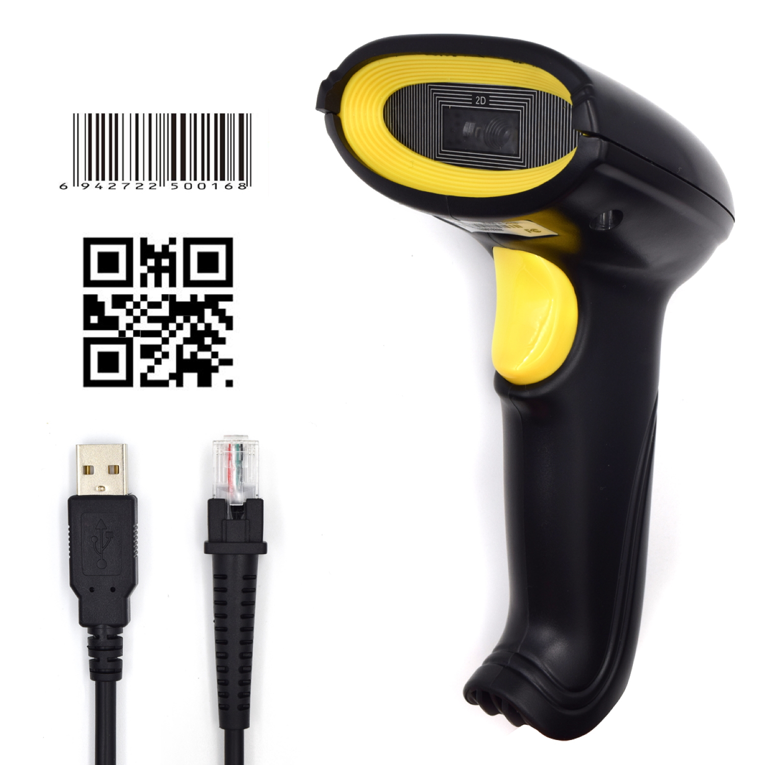 Uno scanner di codici a barre con un design giallo e nero viene mostrato con un cavo USB e un cavo Ethernet. Sono presenti anche codice a barre e codice QR.