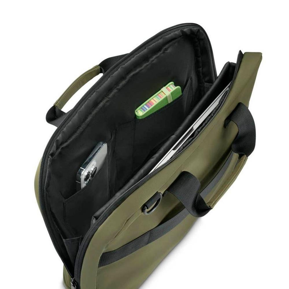 Borsa per laptop verde oliva aperta con laptop, telefono e cancelleria all'interno. Manici e cinghie visibili.
