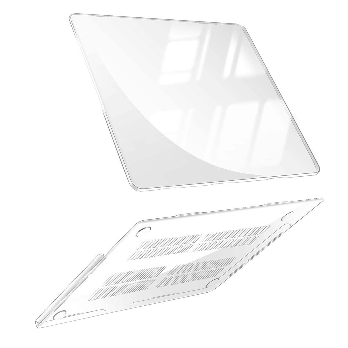 Transparente Laptop-Hülle in zwei Teilen, oben und unten. Der untere Teil hat Belüftungslöcher.