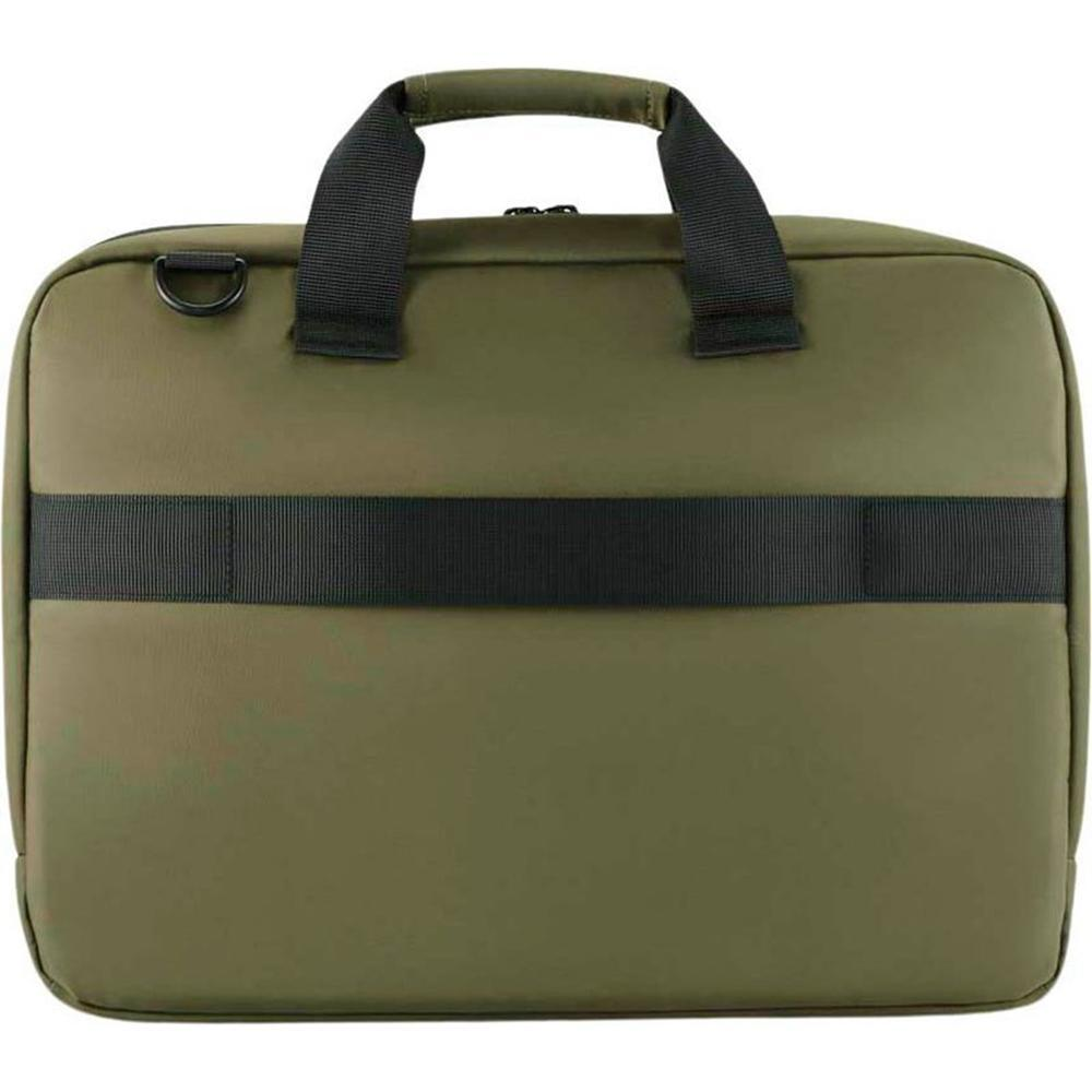 Una ventiquattrore verde oliva con manico e cinturino neri. Un anello di metallo sul lato sinistro. La borsa è rettangolare.