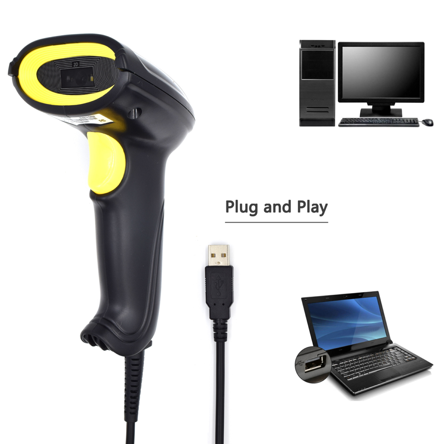 Viene visualizzato uno scanner di codici a barre con cavo USB, un computer e un laptop. È presente anche il testo 'Plug and Play'.