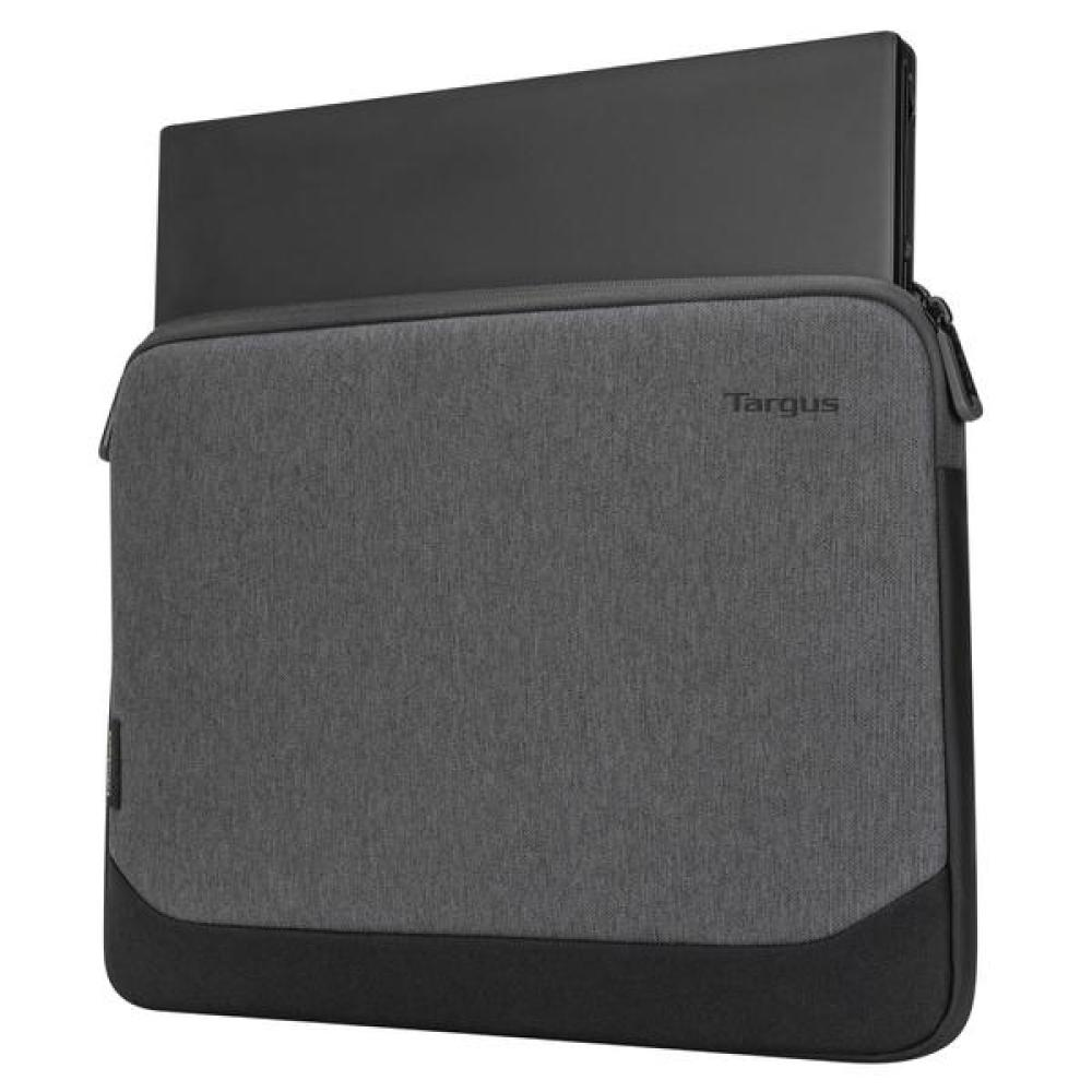 Una custodia grigia Targus per laptop con un laptop all'interno. La custodia ha un fondo nero e una cerniera.