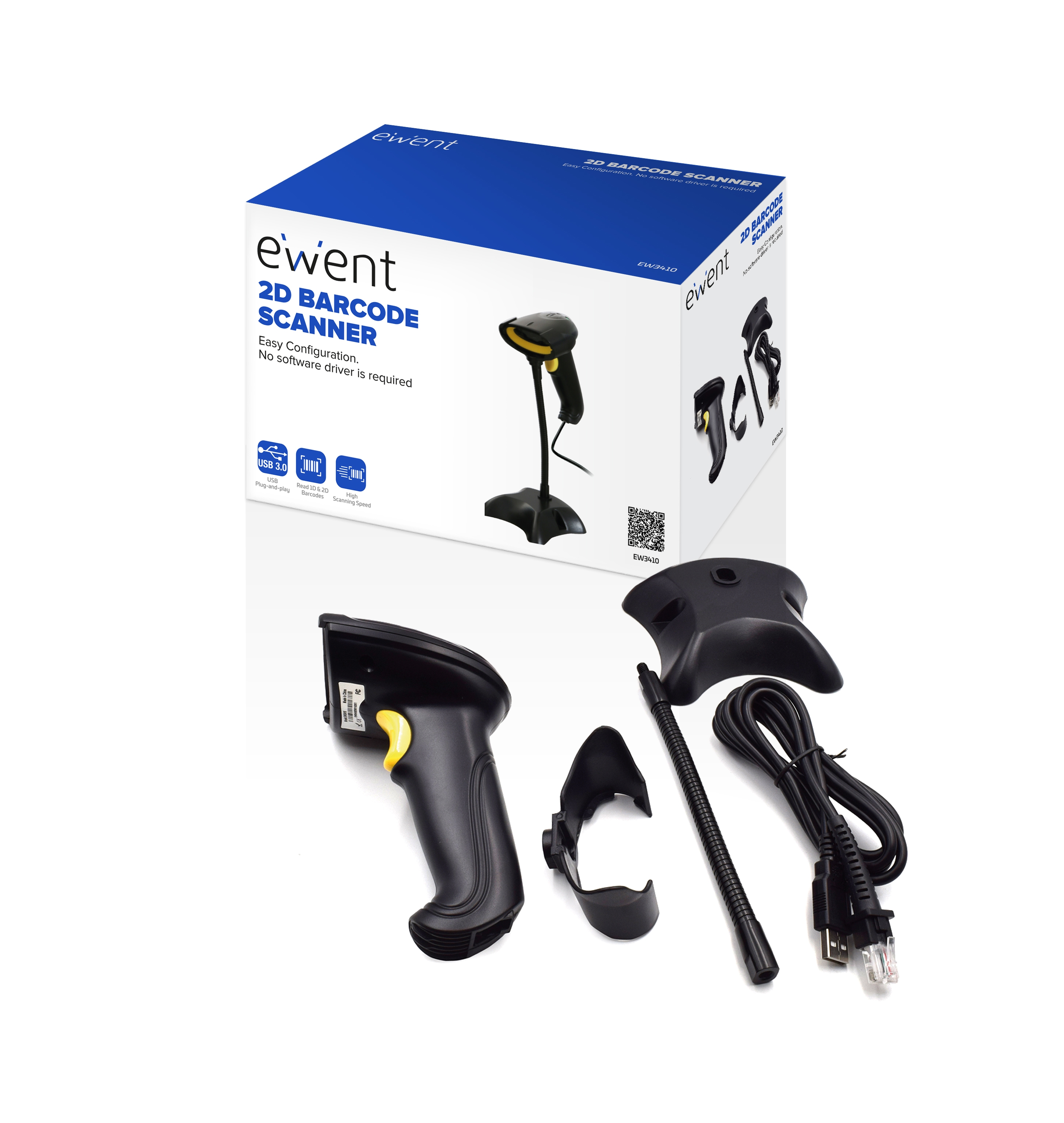 Un kit scanner di codici a barre è su una superficie bianca. Il kit comprende lo scanner, un supporto e altri accessori.