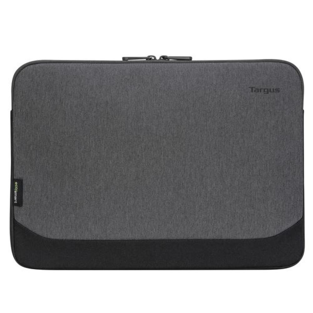 Una custodia grigia Targus per laptop. La parte inferiore è nera. Il marchio è visibile in alto a destra e una piccola etichetta a sinistra.