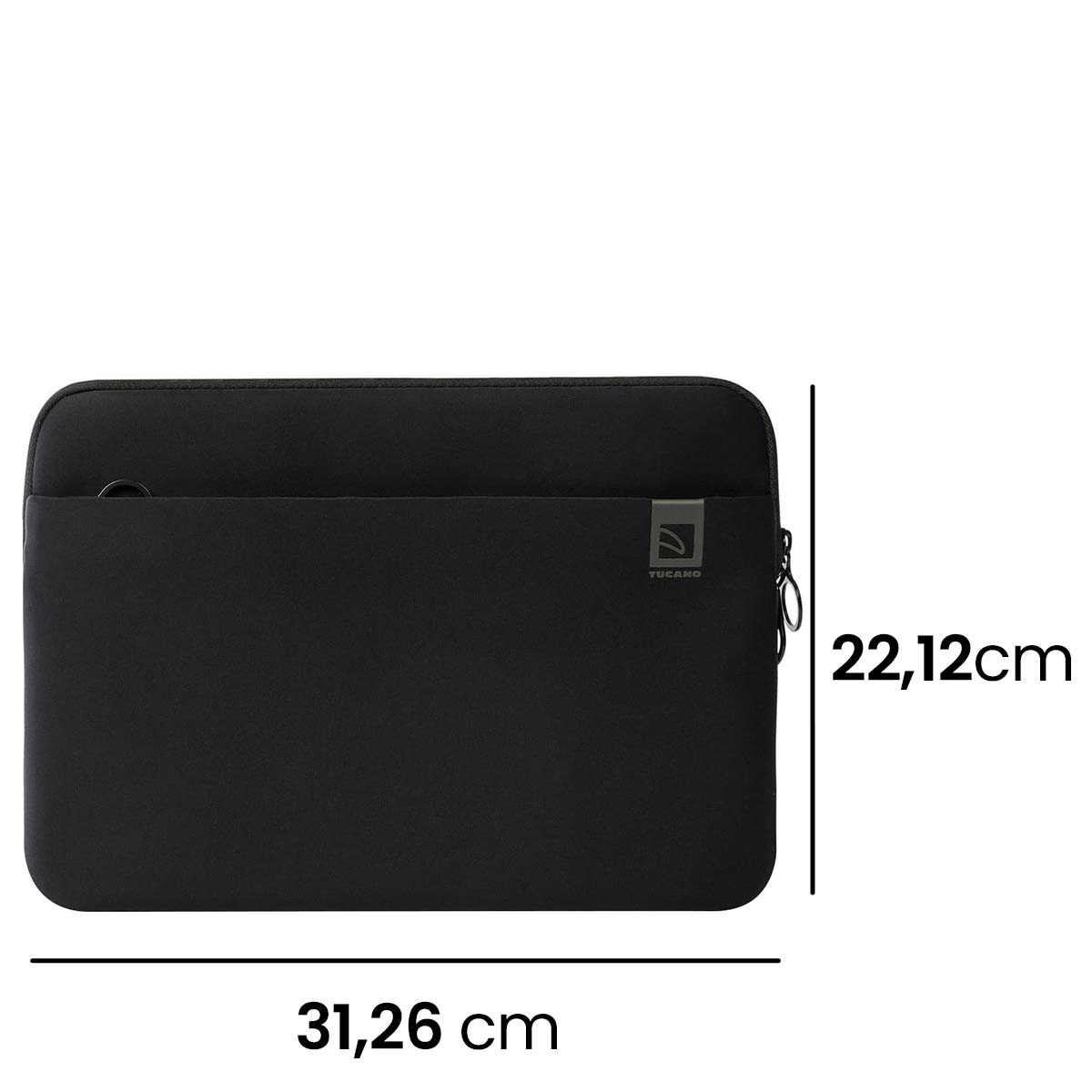 Una custodia per laptop Tucano nera. Dimensioni: 31,26 cm x 22,12 cm. Il logo Tucano è visibile a destra.