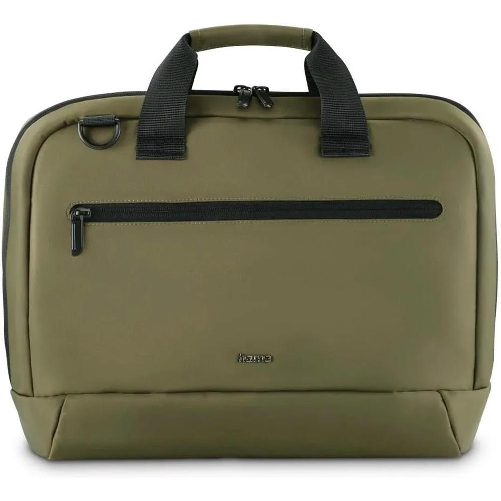 Una borsa per laptop verde oliva con manico nero, cerniera e attacchi per tracolla. Il marchio 'hama' è visibile.