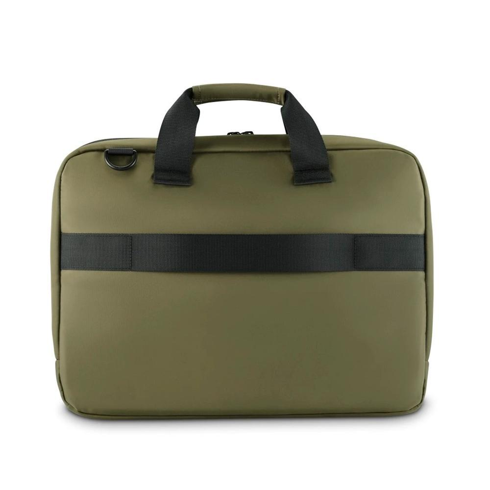 Una ventiquattrore verde oliva con manico e cinturino neri. La borsa ha una forma rettangolare e un design semplice.