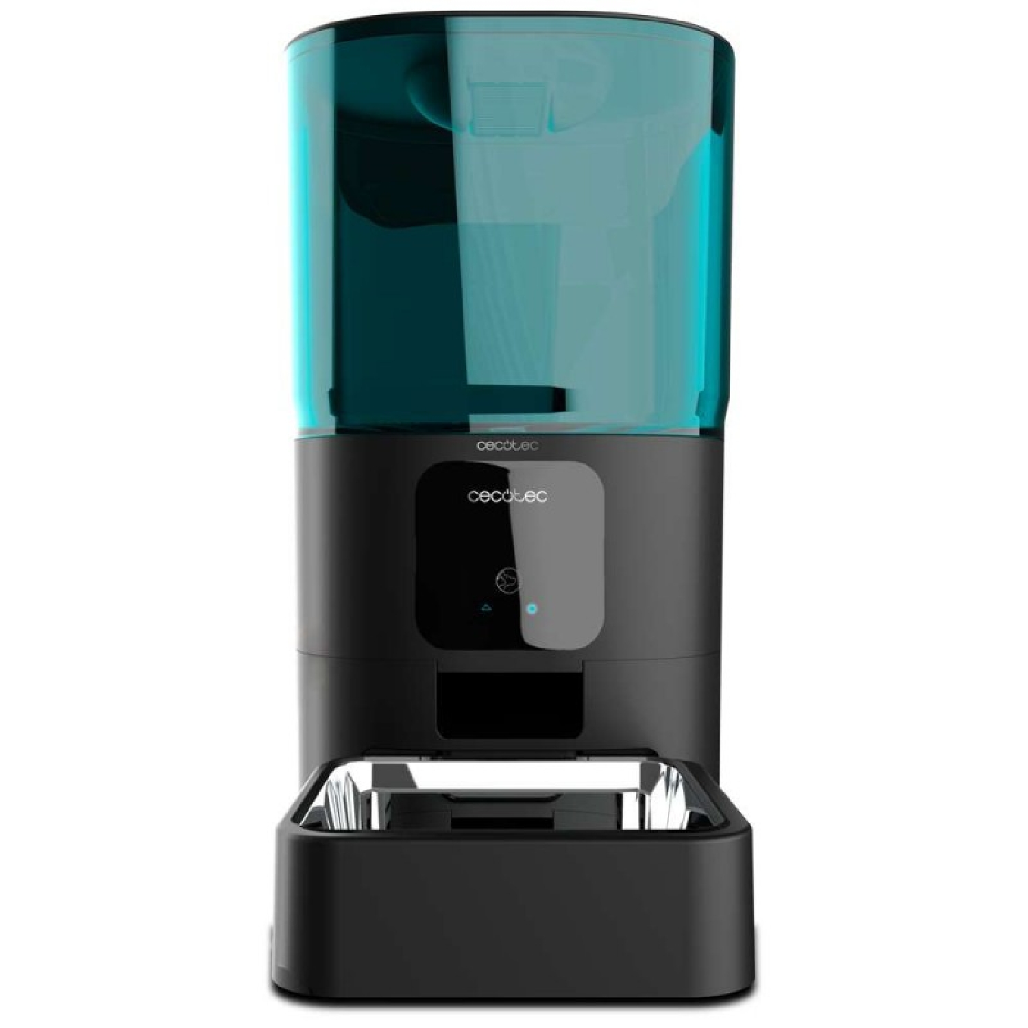 Un comedero para mascotas negro y turquesa. Tiene un depósito de agua turquesa transparente en la parte superior, un cuerpo negro y una bandeja de comida en la parte inferior.