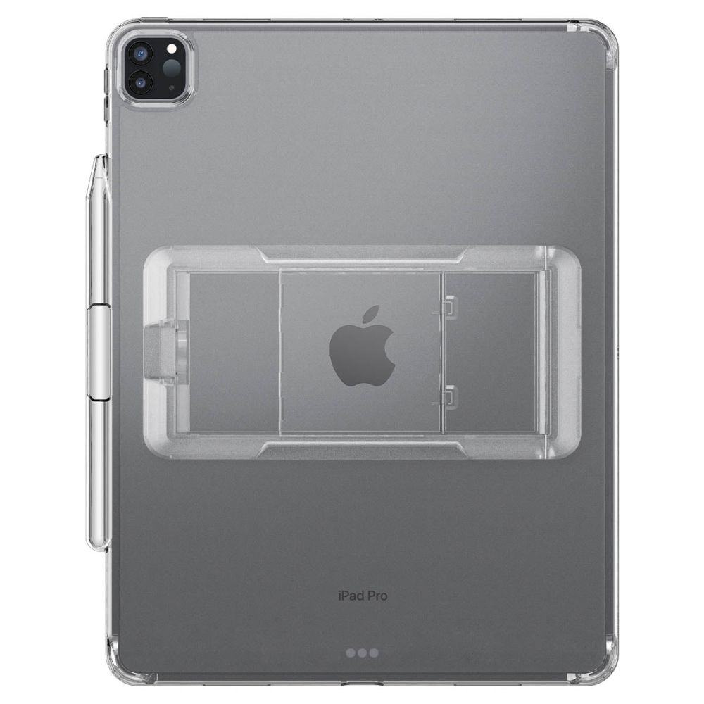 Un iPad Pro in una custodia trasparente. Sul retro c'è un supporto trasparente. Una penna si trova sul lato sinistro. Il logo Apple è visibile.